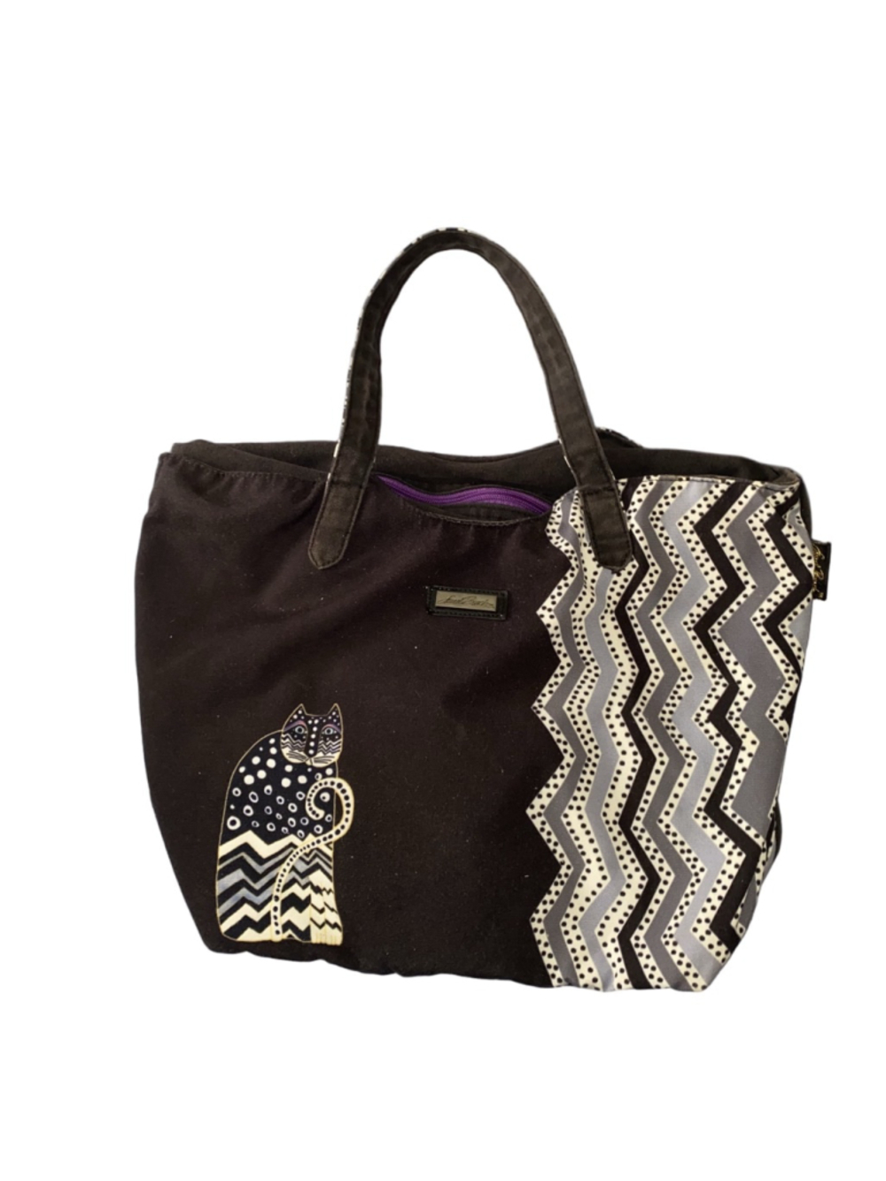 Women's Laurel Burch Cat Print Canvas Tote Bag Black Gray Zig Zag Polka Dot